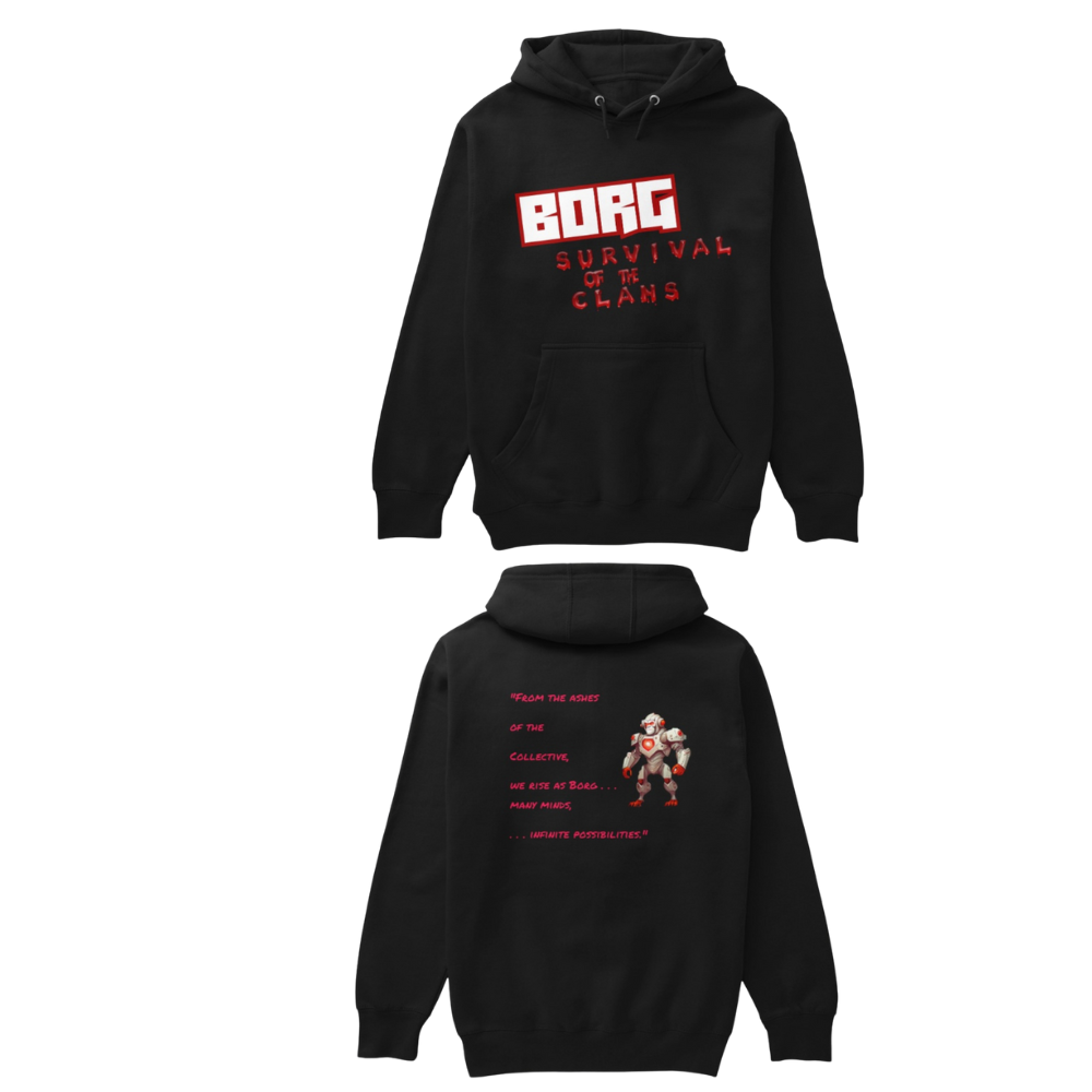 BORG black hoodie — front and back