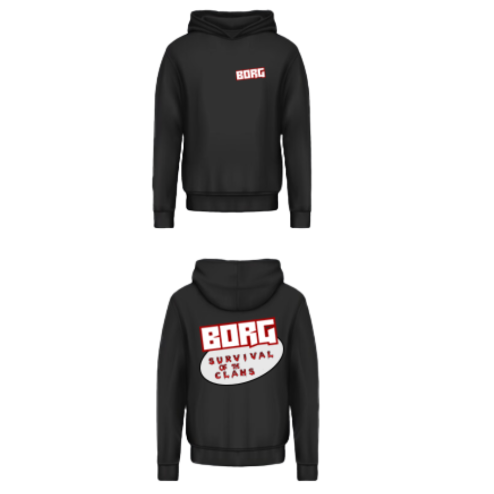 BORG hoodie variant — small front logo, large back print